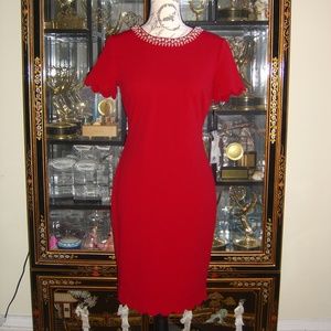 KARL LAGERFELD RED EMBELLLISHED SCALLOPED DRESS 4